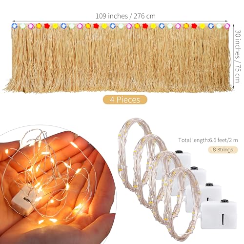Aneco 4 Pieces 9 Ft x 30 Inches Luau Grass Table Skirts with LED String Light Hawaiian Table Skirt Lighted Grass Skirt Table Fringe for Tropical, Hawaiian Themed, Birthday Party (Natural) - Image 2