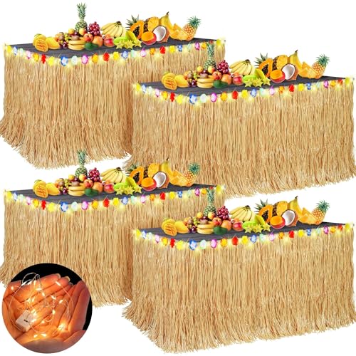 Aneco 4 Pieces 9 Ft x 30 Inches Luau Grass Table Skirts with LED String Light Hawaiian Table Skirt Lighted Grass Skirt Table Fringe for Tropical, Hawaiian Themed, Birthday Party (Natural) - Image 1