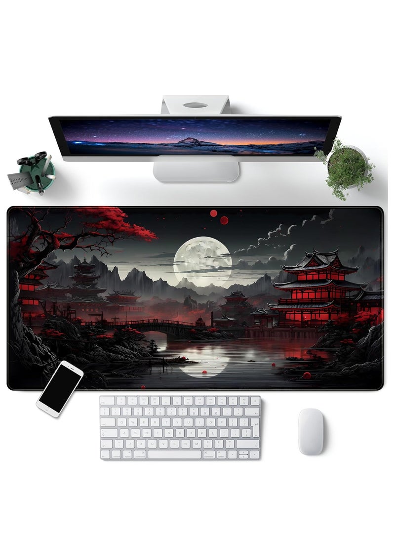 قاعدة ماوس للمكتب بتصميم ياباني تصميم قمر مكتمل على ضفاف النهر، قاعدة ماوس كبيرة للألعاب مقاس 2XL 80×39.9 سم، للابتوب والماوس والكيبورد وديكور المكتب، أسود وأحمر - Image 1