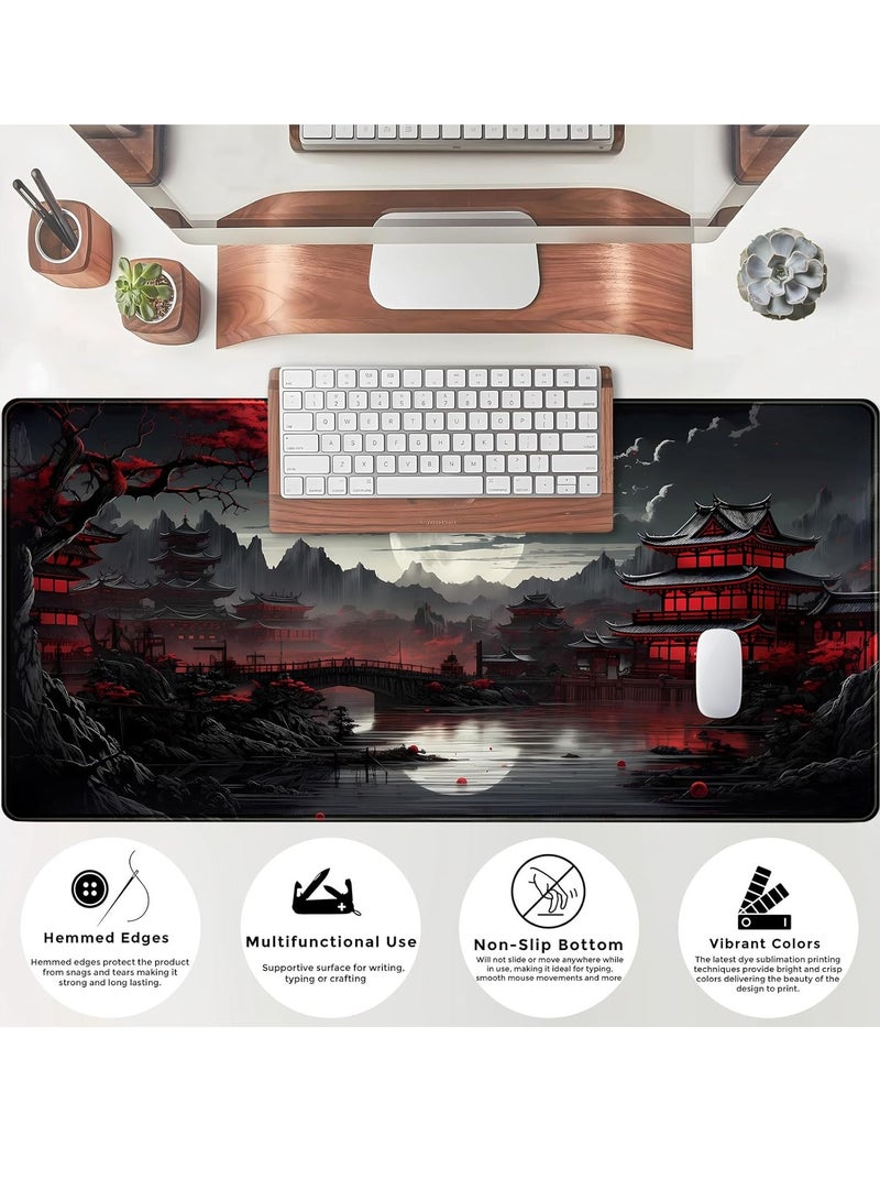 قاعدة ماوس للمكتب بتصميم ياباني تصميم قمر مكتمل على ضفاف النهر، قاعدة ماوس كبيرة للألعاب مقاس 2XL 80×39.9 سم، للابتوب والماوس والكيبورد وديكور المكتب، أسود وأحمر - Image 2