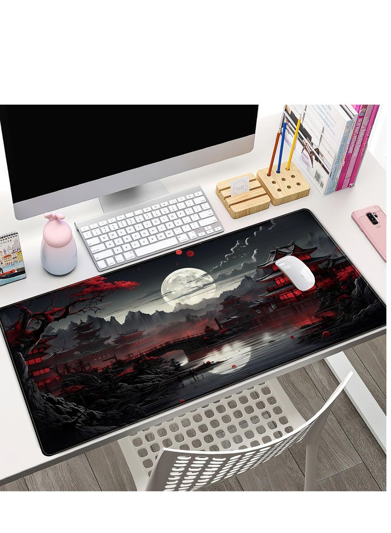 قاعدة ماوس للمكتب بتصميم ياباني تصميم قمر مكتمل على ضفاف النهر، قاعدة ماوس كبيرة للألعاب مقاس 2XL 80×39.9 سم، للابتوب والماوس والكيبورد وديكور المكتب، أسود وأحمر - Image 3