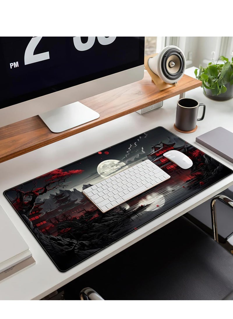 قاعدة ماوس للمكتب بتصميم ياباني تصميم قمر مكتمل على ضفاف النهر، قاعدة ماوس كبيرة للألعاب مقاس 2XL 80×39.9 سم، للابتوب والماوس والكيبورد وديكور المكتب، أسود وأحمر - Image 5