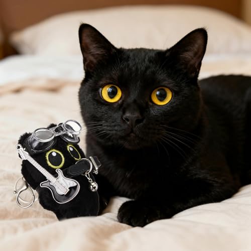 FFZDENA Bag Charms, Cute Keychains for Cat Lovers, Plush Black Cat Keychain with Guitar, Stylish Accessory for Keys and Bags, Unique Gift for Pet Enthusiasts - Image 3