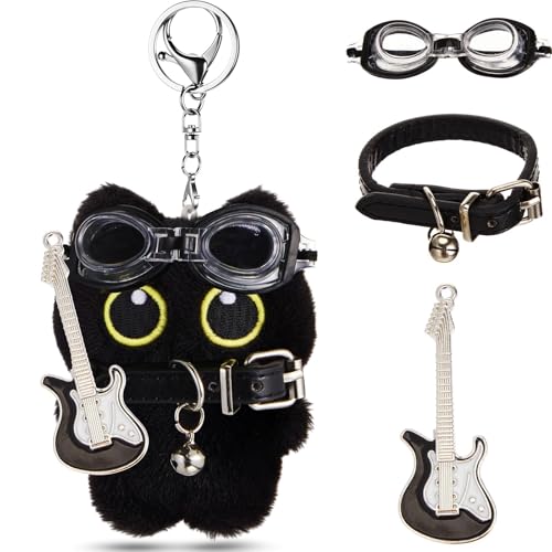 FFZDENA Bag Charms, Cute Keychains for Cat Lovers, Plush Black Cat Keychain with Guitar, Stylish Accessory for Keys and Bags, Unique Gift for Pet Enthusiasts - Image 1