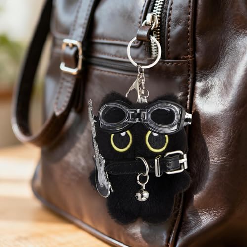 FFZDENA Bag Charms, Cute Keychains for Cat Lovers, Plush Black Cat Keychain with Guitar, Stylish Accessory for Keys and Bags, Unique Gift for Pet Enthusiasts - Image 4