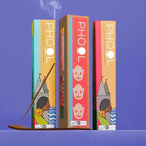 Phool Luxury Incense Good Vibes Combo Pack – Natural Incense Sticks (Indian Rose & White Cedar), 80 Organic Charcoal-Free Agarbatti, Pack of 2, Free Wooden Stand, Pooja & Home - Image 1