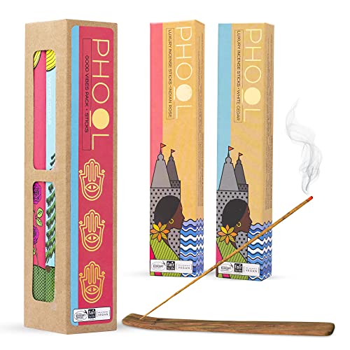 Phool Luxury Incense Good Vibes Combo Pack – Natural Incense Sticks (Indian Rose & White Cedar), 80 Organic Charcoal-Free Agarbatti, Pack of 2, Free Wooden Stand, Pooja & Home - Image 4