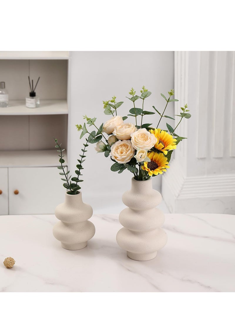 مزهرية خزفية دائرية مقاس ٧ بوصات - طقم من قطعتين | مزهرية دائرية مزخرفة للزهور المجففة وعشب البامباس | أفكار مزهريات لديكور المنزل، وغرفة المعيشة، والمكتب - Image 1