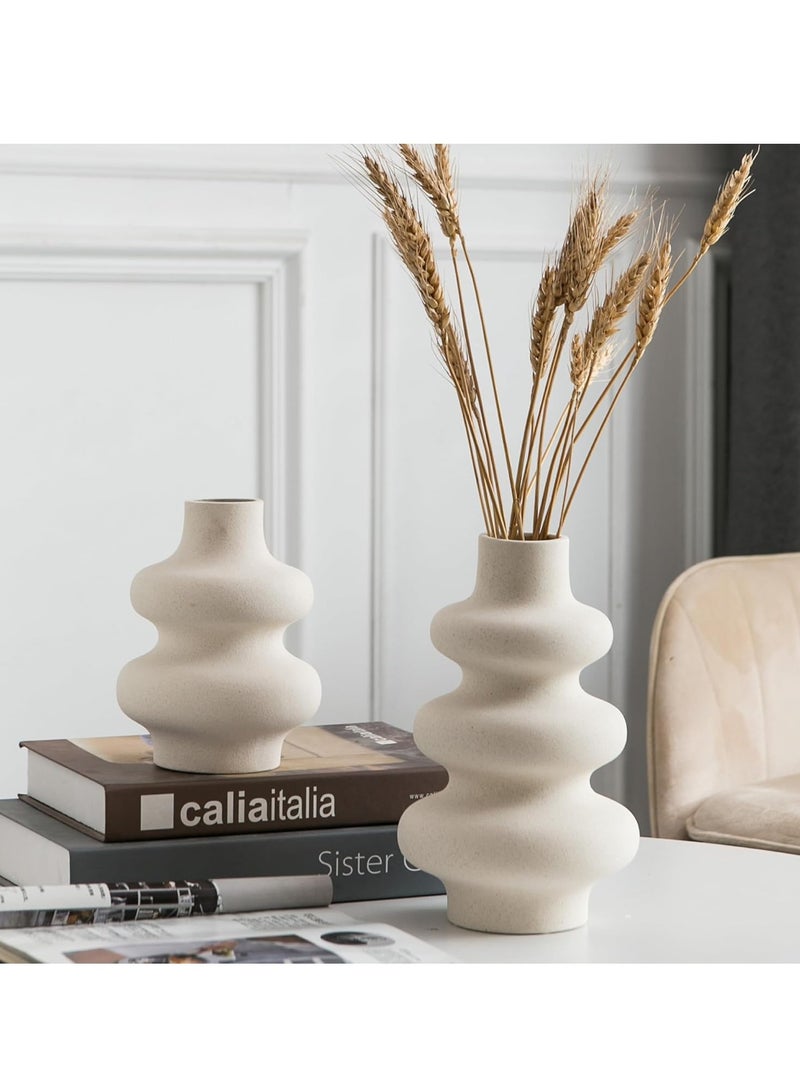 مزهرية خزفية دائرية مقاس ٧ بوصات - طقم من قطعتين | مزهرية دائرية مزخرفة للزهور المجففة وعشب البامباس | أفكار مزهريات لديكور المنزل، وغرفة المعيشة، والمكتب - Image 2