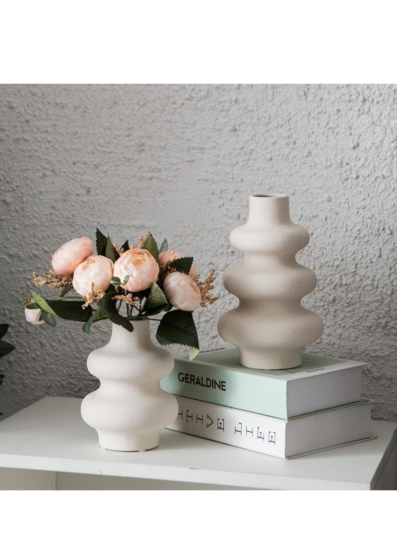 مزهرية خزفية دائرية مقاس ٧ بوصات - طقم من قطعتين | مزهرية دائرية مزخرفة للزهور المجففة وعشب البامباس | أفكار مزهريات لديكور المنزل، وغرفة المعيشة، والمكتب - Image 3