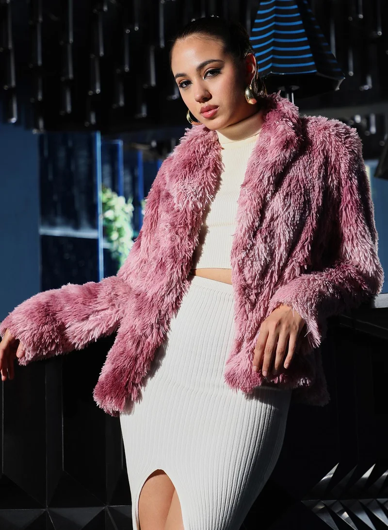 PINACOLADA Women's Blush Pink Dye-Fur Shawl Jacket | كم طويل | مطبوع | كاجوال ويومي | طوق منتشر | جاكيت