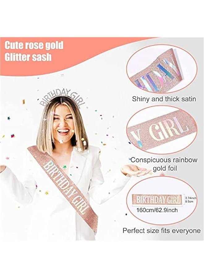 DURKU Rose Gold Birthday Girl Tiara and Sash Set, Happy Birthday Gift for Women, Princess Rhinestone Crown, Party Hair Accessories, Girls Headband, Sweet Girl's Crown, Women's Birthday Crown. - Image 3