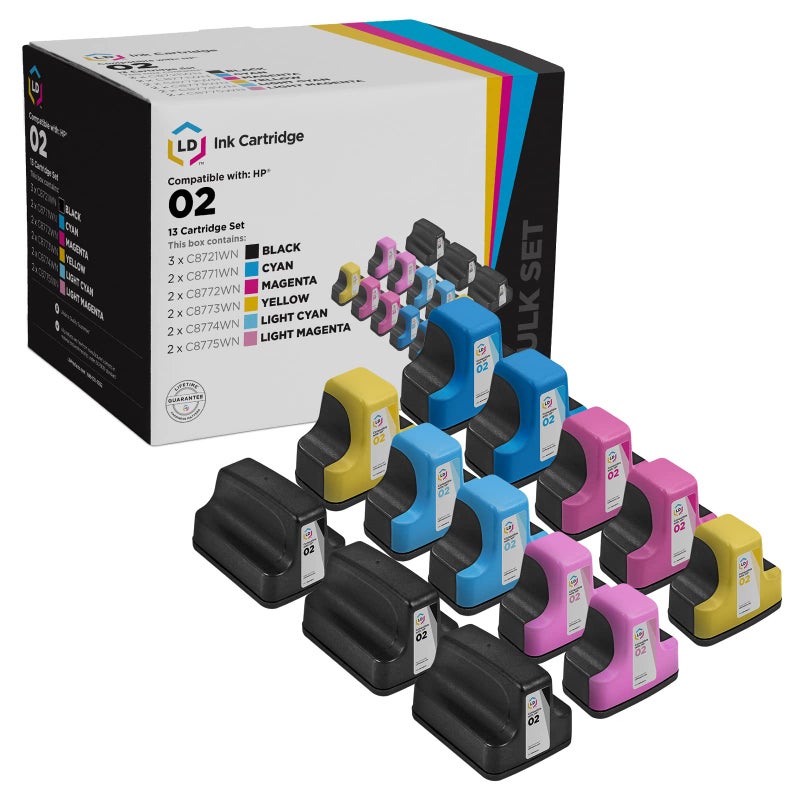LD Remanufactured Replacements Compatible with HP 02 Ink Cartridges with Smart Chip (3 Black, 2 Cyan, 2 Magenta, 2 Yellow, 2 Light Cyan, 2 Light Magenta, 13Pk) for PhotoSmart C5180 C6180 C6280 C7250 - Image 1