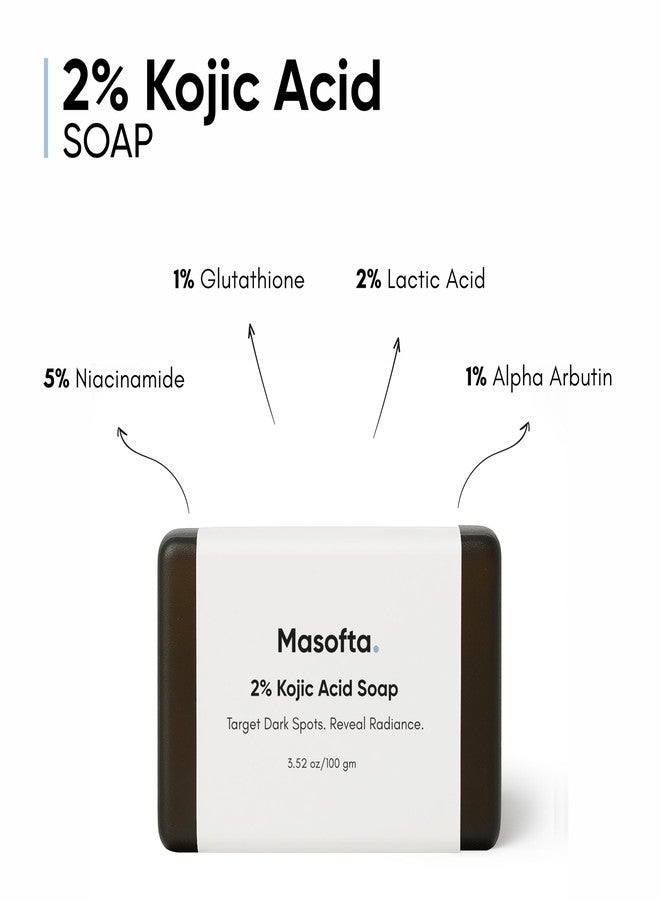Masofta 2% Kojic Acid Dark Spot Remover Soap for Pigmentation, Melasma, Skin Brightening, Acne Marks, Even Skin Tone with Glutathione, Niacinamide & Alpha Arbutin, 100g x 2 (Pack of 2) - Image 2