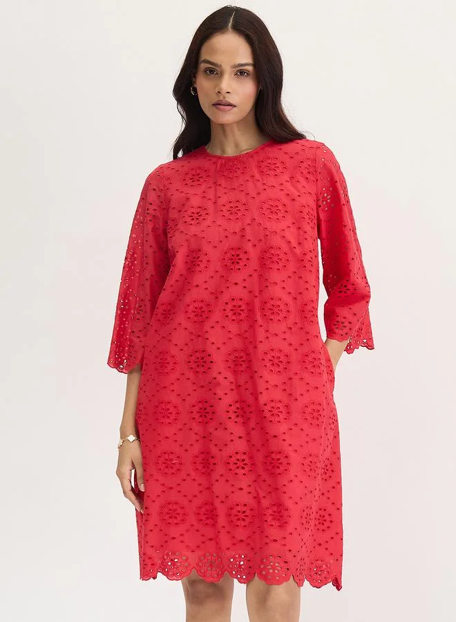 Femmella Red Cotton Schiffli Knee Length Dress