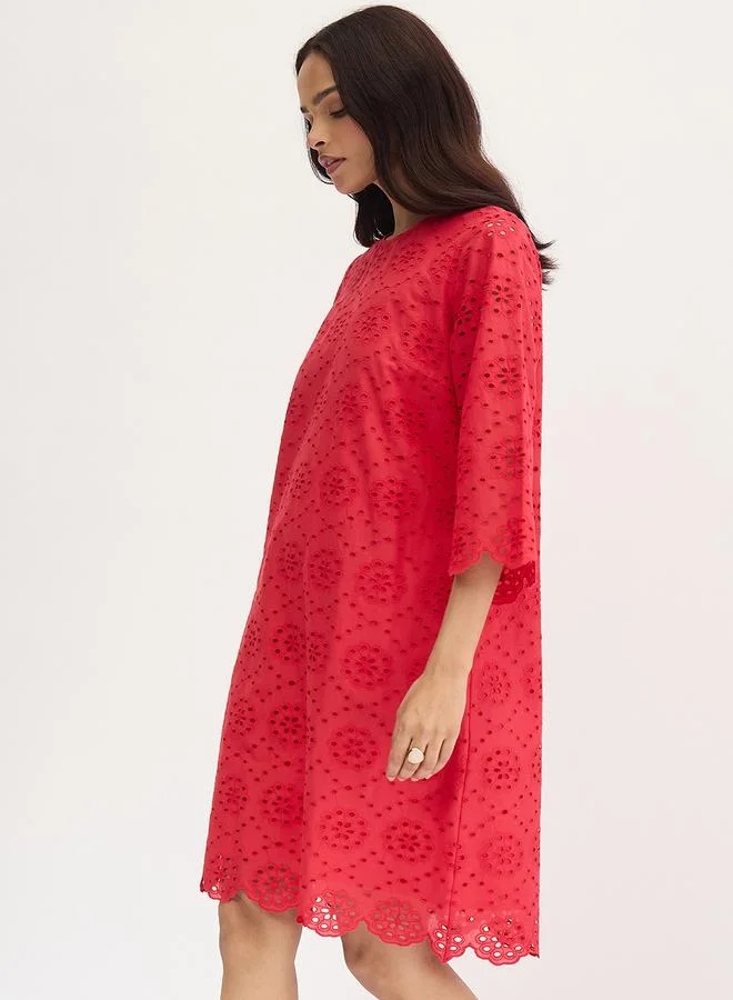 Femmella  Femmella Red Cotton Schiffli Knee Length Dress for Women | Best Price UAE