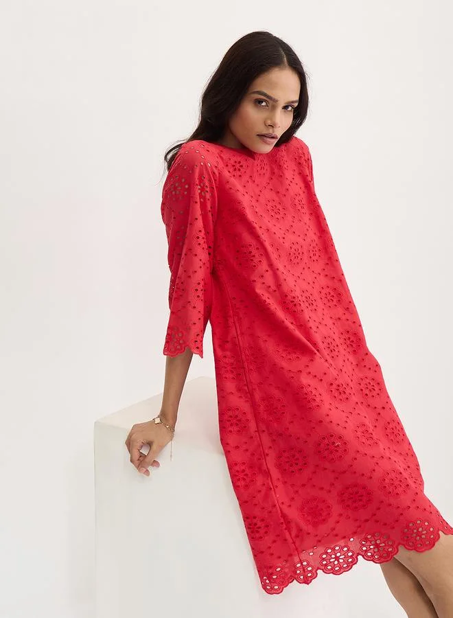 Femmella  Femmella Red Cotton Schiffli Knee Length Dress for Women | Best Price UAE