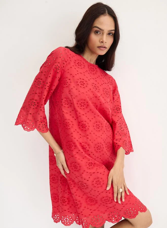 Femmella  Femmella Red Cotton Schiffli Knee Length Dress for Women | Best Price UAE