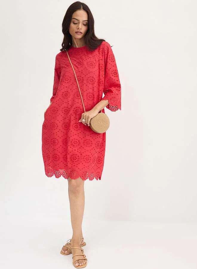 Femmella  Femmella Red Cotton Schiffli Knee Length Dress for Women | Best Price UAE