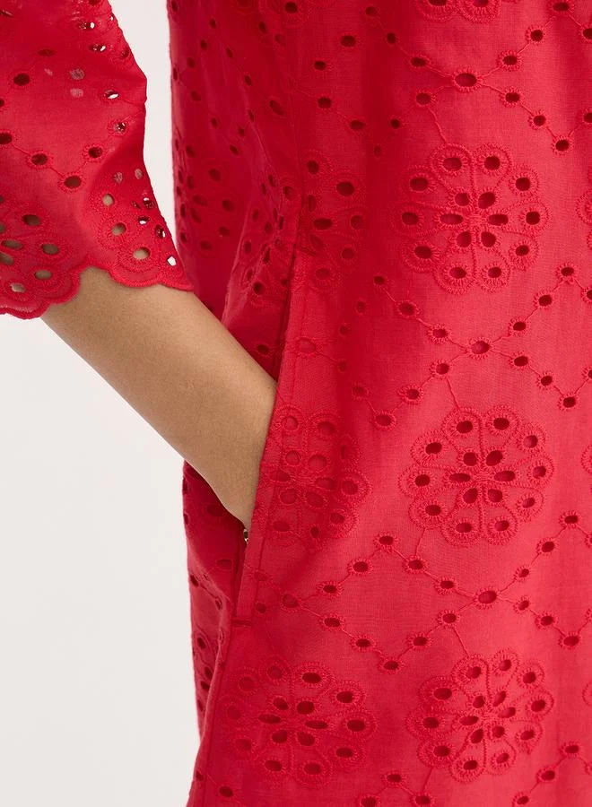 Femmella  Femmella Red Cotton Schiffli Knee Length Dress for Women | Best Price UAE