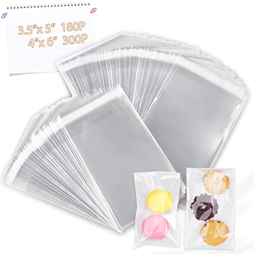 NEOACT 480 PCS Clear Resealable Cellophane Bags 2 Sizes with 180 PCS 3.5×5 Inches, 300 PCSS 4×6 Inches Good for Bakery, Snacks, Candle, Soap, Cookie, Cards. - Image 1