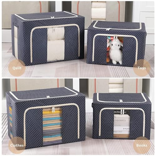 Raggle Polycotton Clothes Storage Organizer Bins, Foldable Storage Bins-Cloth Steel Frame Storage Box For Clothing Storage With Foldable Clear Window&Reinforced Handles 50*40*30Cm(66Lpack 1,Blue Dot) - Image 5