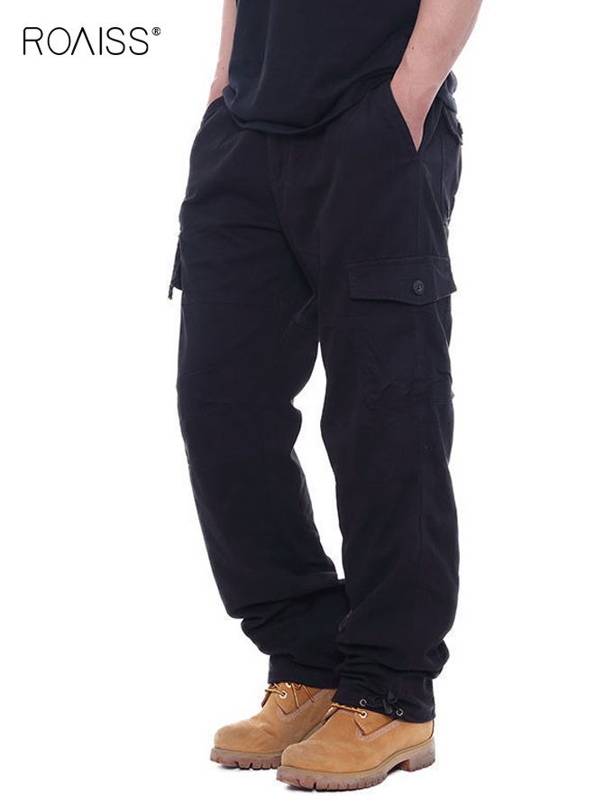roaiss Casual Work Pants for Men, Daily Commuting Wear Resistant Multi Pocket Straight Leg Pants, Mens Comfortable and Breathable Cargo Pants, For Everyday Casual Wear Loose Pleated Design Zipper Closure, Black - Image 4