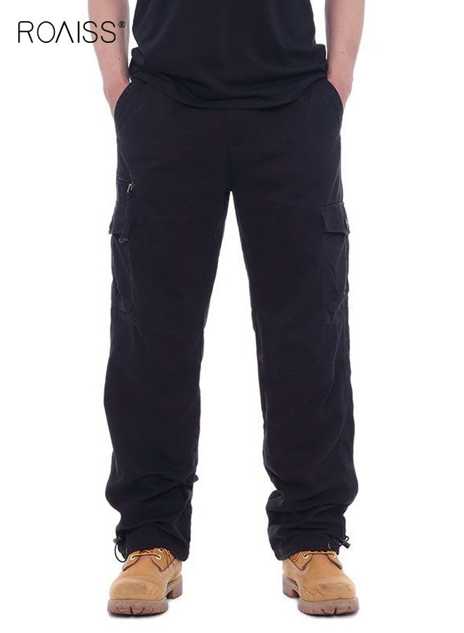 roaiss Casual Work Pants for Men, Daily Commuting Wear Resistant Multi Pocket Straight Leg Pants, Mens Comfortable and Breathable Cargo Pants, For Everyday Casual Wear Loose Pleated Design Zipper Closure, Black - Image 3