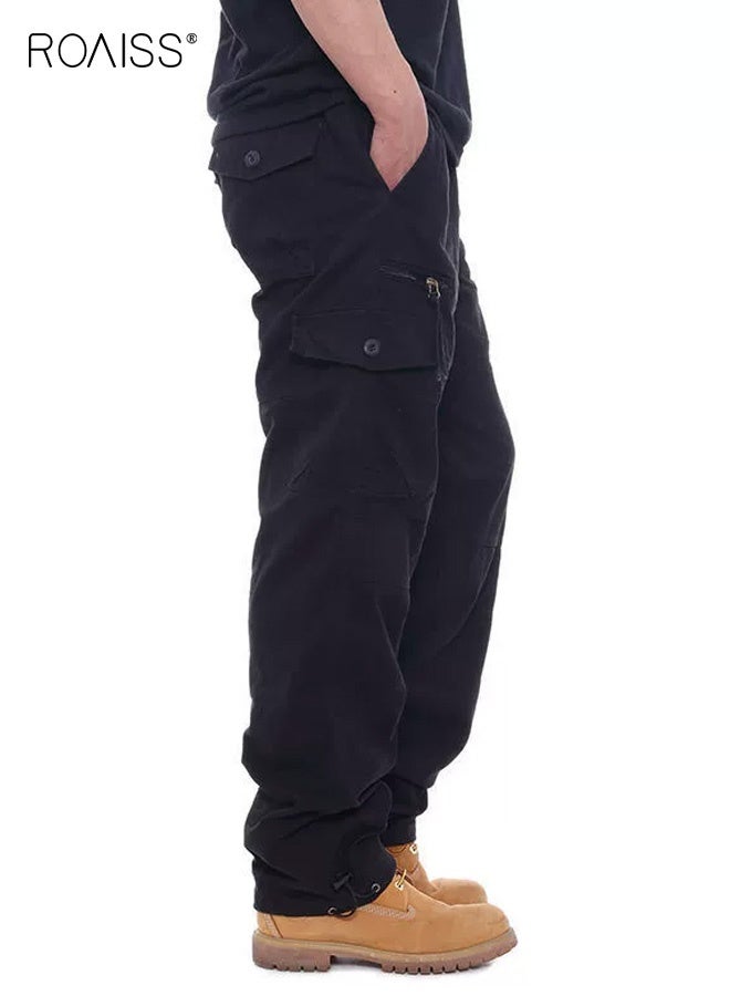 roaiss Casual Work Pants for Men, Daily Commuting Wear Resistant Multi Pocket Straight Leg Pants, Mens Comfortable and Breathable Cargo Pants, For Everyday Casual Wear Loose Pleated Design Zipper Closure, Black - Image 2