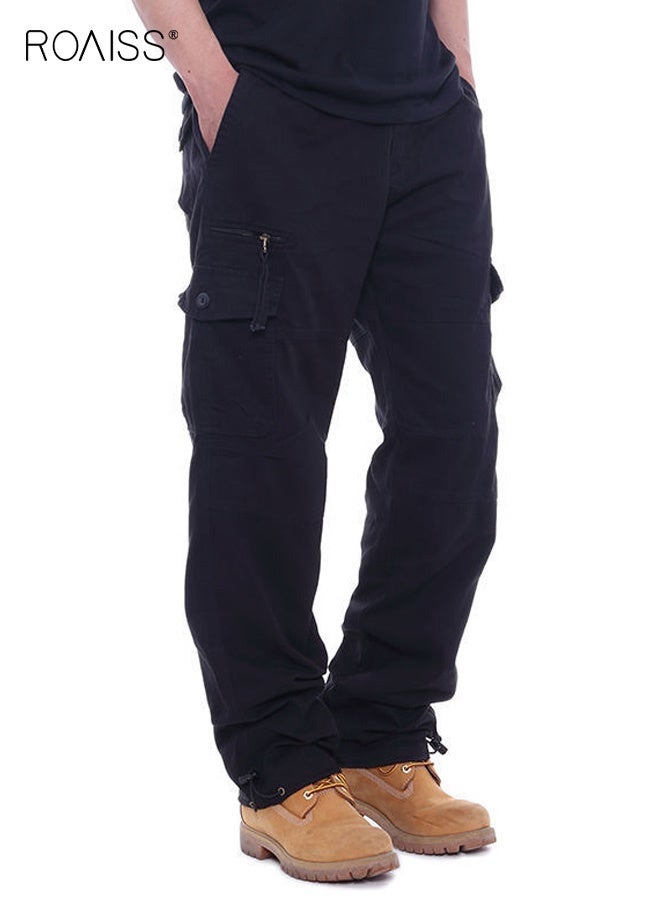 roaiss Casual Work Pants for Men, Daily Commuting Wear Resistant Multi Pocket Straight Leg Pants, Mens Comfortable and Breathable Cargo Pants, For Everyday Casual Wear Loose Pleated Design Zipper Closure, Black - Image 1