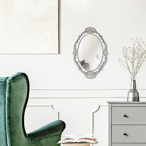 LONGWIN Vintage Oval Mirror for Wall Decor Ornate Hanging Small Mirrors for Living RoomBedroom PerfumeVanity Tray 10 x 145 Inch Silver - Image 3