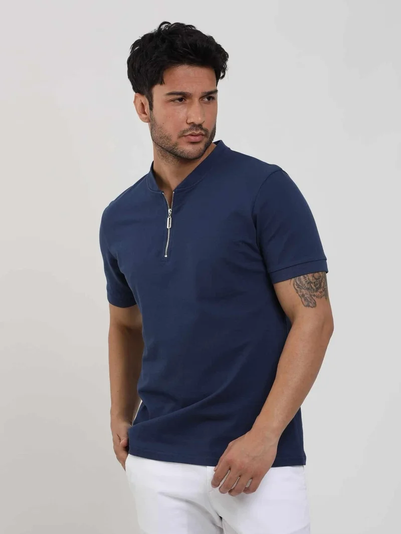 دوفي Navy Blue Men's Slim Fit Plain Bomber Collar T-shirt - 105299