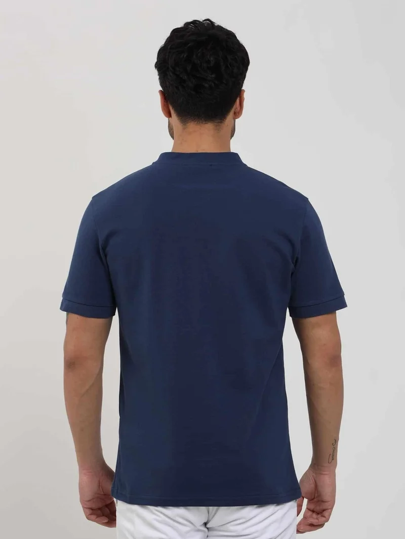 Dufy Navy Blue Men's Slim Fit Plain Bomber Collar T-shirt - 105299