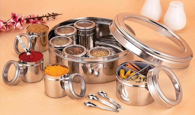 STEEPLE 12 In 1 Stainless Steel Masala Box Spice Box For Kitchen Large Masala Dabba with SeeThrough Lid Steel Masala Dani 25L Spice Organizer with 12 Compartment 225 cm Silver - Image 3