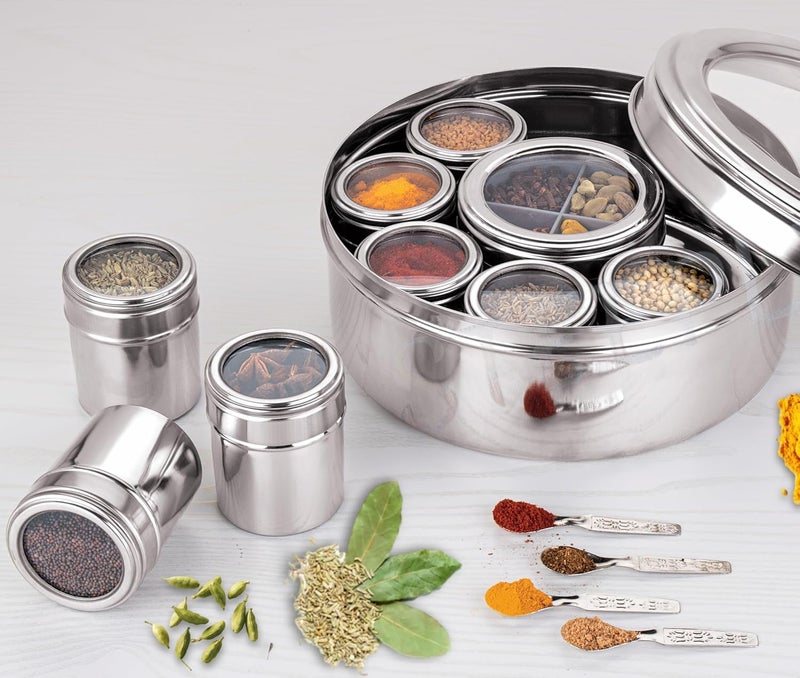 STEEPLE 12 In 1 Stainless Steel Masala Box Spice Box For Kitchen Large Masala Dabba with SeeThrough Lid Steel Masala Dani 25L Spice Organizer with 12 Compartment 225 cm Silver - Image 2