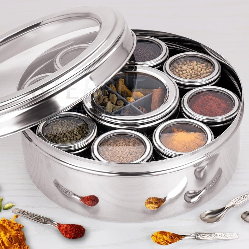 STEEPLE 12 In 1 Stainless Steel Masala Box Spice Box For Kitchen Large Masala Dabba with SeeThrough Lid Steel Masala Dani 25L Spice Organizer with 12 Compartment 225 cm Silver - Image 1