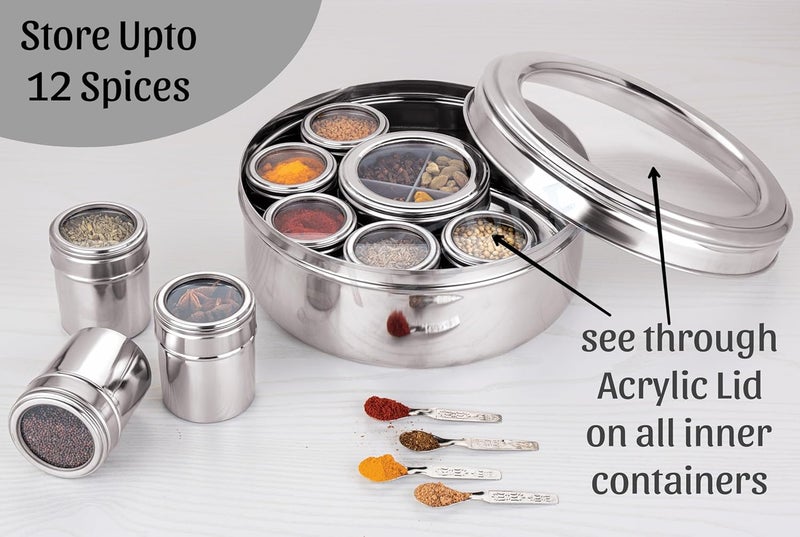 STEEPLE 12 In 1 Stainless Steel Masala Box Spice Box For Kitchen Large Masala Dabba with SeeThrough Lid Steel Masala Dani 25L Spice Organizer with 12 Compartment 225 cm Silver - Image 4