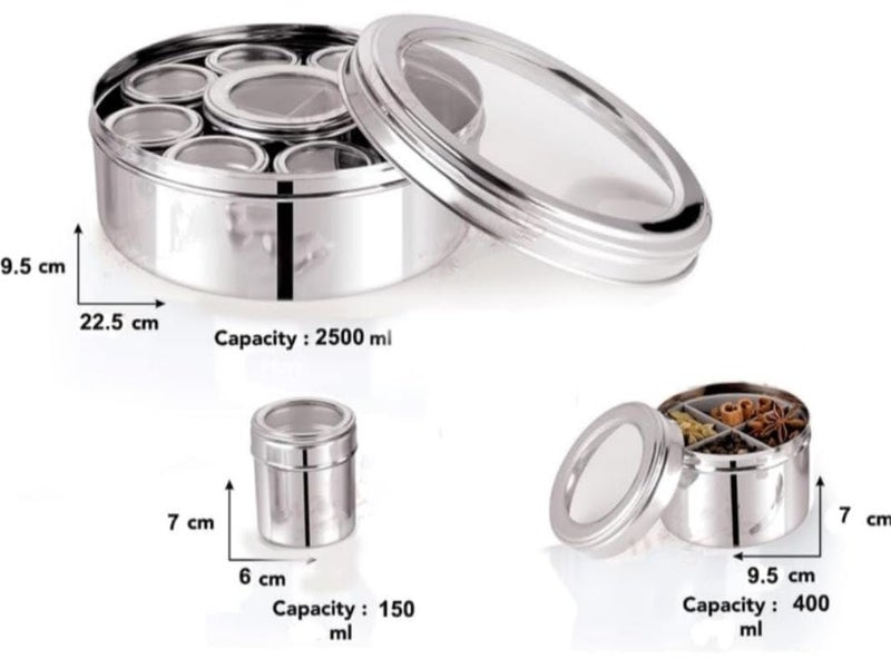 STEEPLE 12 In 1 Stainless Steel Masala Box Spice Box For Kitchen Large Masala Dabba with SeeThrough Lid Steel Masala Dani 25L Spice Organizer with 12 Compartment 225 cm Silver - Image 5