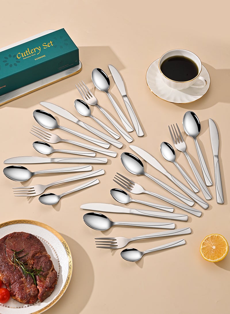 صن هوم مجموعة أدوات مائدة من الفولاذ المقاوم للصدأ من SUNHOME مكونة من 24 قطعة، مجموعة أدوات مطبخ غربية مناسبة للمنزل والمطبخ والمطعم والفندق والحفلات وتناول الطعام والنزهات، عبوة رائعة هدية فضية - Image 2