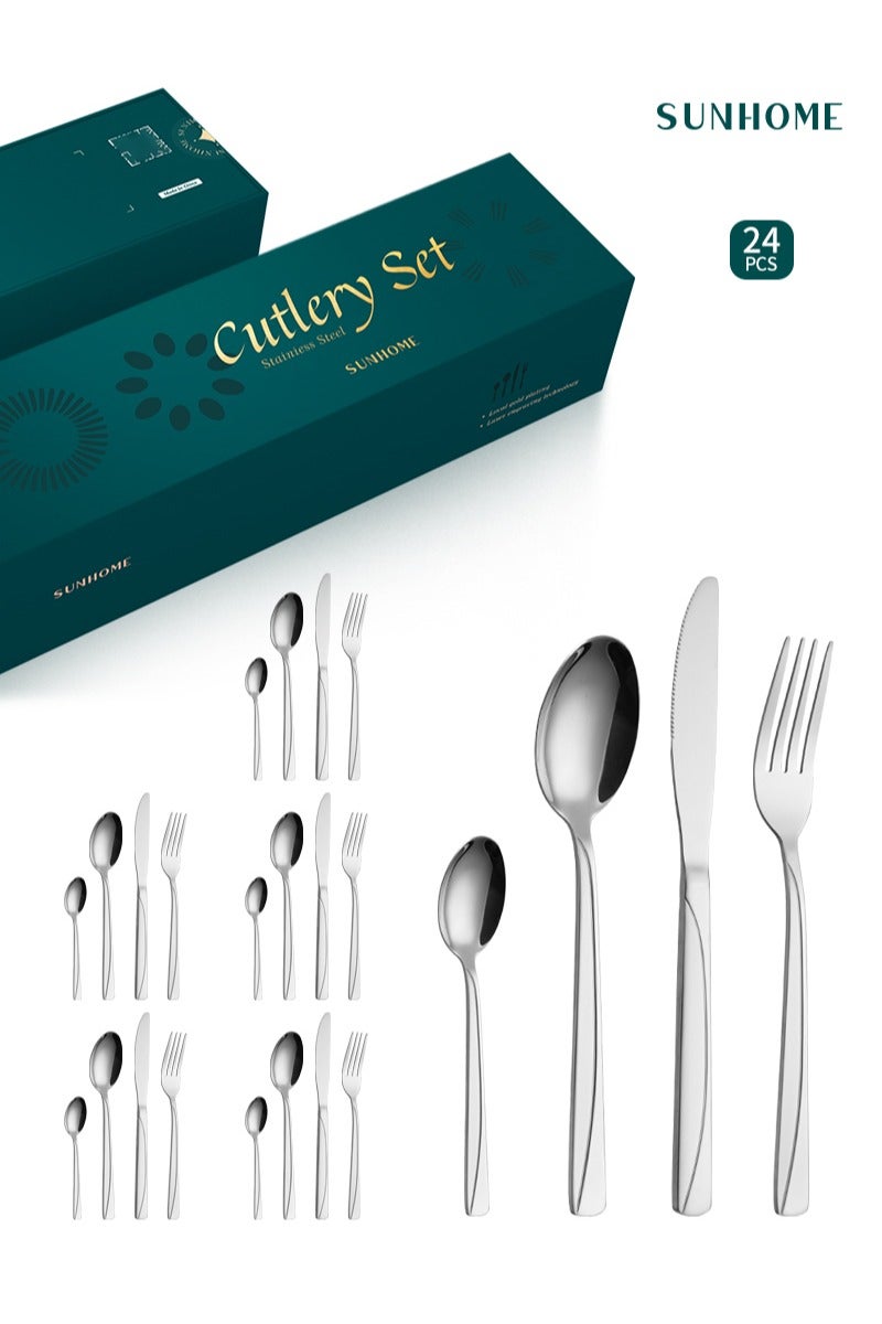 صن هوم مجموعة أدوات مائدة من الفولاذ المقاوم للصدأ من SUNHOME مكونة من 24 قطعة، مجموعة أدوات مطبخ غربية مناسبة للمنزل والمطبخ والمطعم والفندق والحفلات وتناول الطعام والنزهات، عبوة رائعة هدية فضية - Image 1