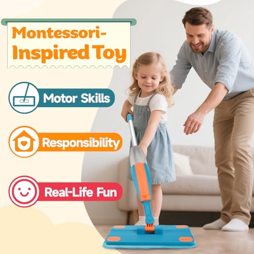 BAYMI Kids Spray Mop - Real Working Toddler Cleaning Toy Set with Water Sprayer & 2 Washable Pads - Montessori Mini Mop & Sweeper - Interactive Learning Toys for Kids Ages 3+ - Image 3