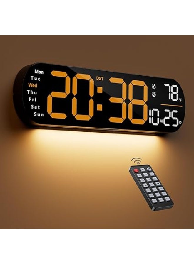 Necomi Digital Wall Clock, Large Display, 14-inch Alarm Clock, with Remote Control, Ambient Light,Ten-speed Automatic Light Sensitivity, LED Digital Clock with Date, Week and Temperature （orange） - Image 1