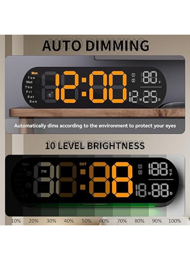 Necomi Digital Wall Clock, Large Display, 14-inch Alarm Clock, with Remote Control, Ambient Light,Ten-speed Automatic Light Sensitivity, LED Digital Clock with Date, Week and Temperature （orange） - Image 2