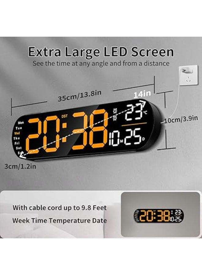 Necomi Digital Wall Clock, Large Display, 14-inch Alarm Clock, with Remote Control, Ambient Light,Ten-speed Automatic Light Sensitivity, LED Digital Clock with Date, Week and Temperature （orange） - Image 3
