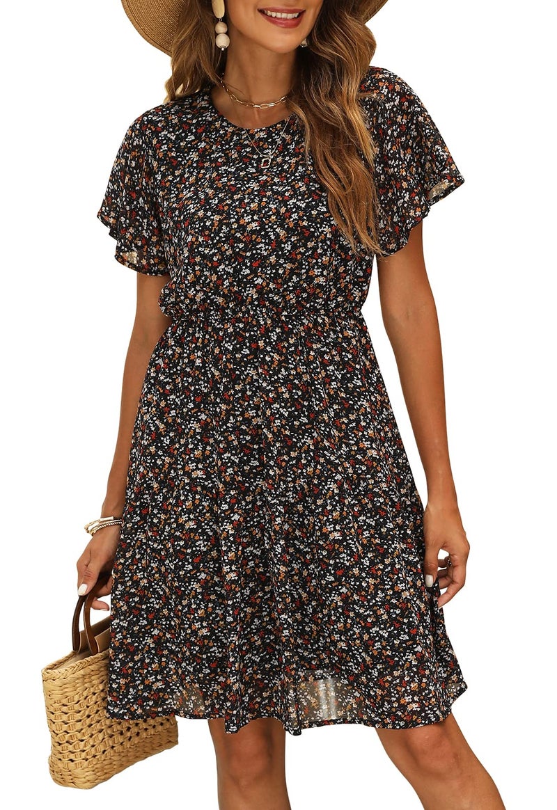 Manydress Women's Chiffon Floral Casual Summer Boho Flutter Sleeve Flowy Skater Western Dress MY112 (Black Print, L) - Image 1