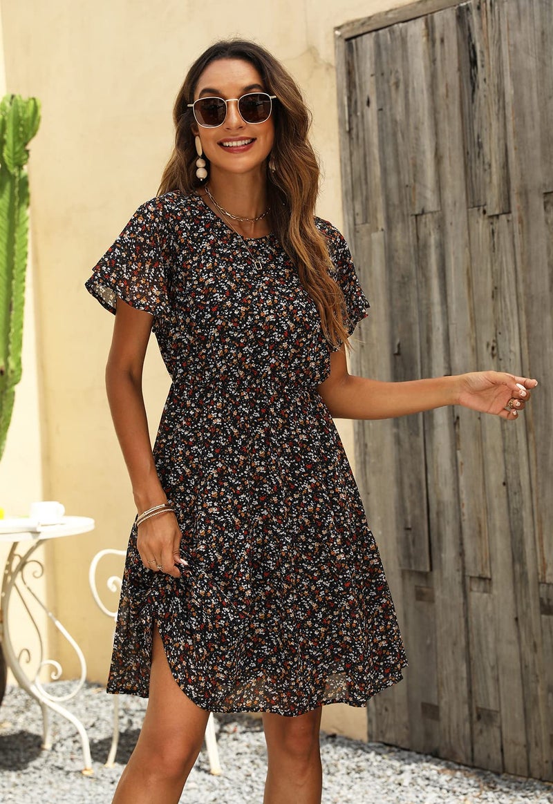 Manydress Women's Chiffon Floral Casual Summer Boho Flutter Sleeve Flowy Skater Western Dress MY112 (Black Print, L) - Image 3