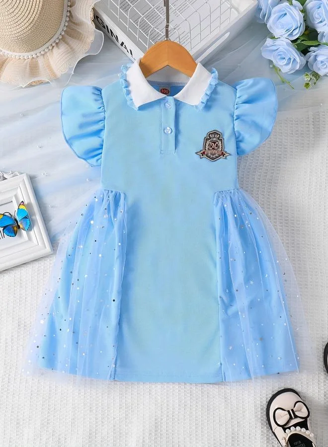 Take Two Girls Frill Sleeve Mesh Dress with Patchwork