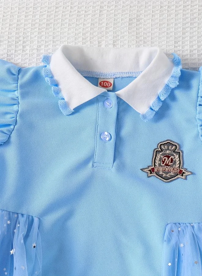 Take Two sky blue Girls Frill Sleeve Mesh Dress With Patchwork for Women | Best Price UAE