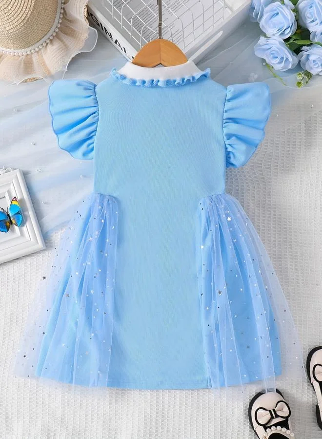 Take Two Girls Frill Sleeve Mesh Dress with Patchwork