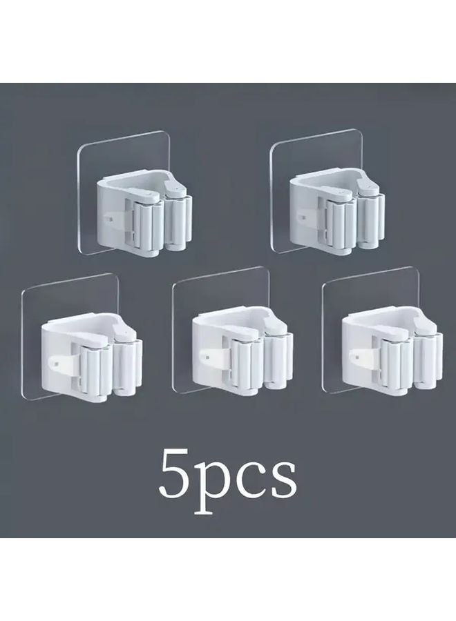 White 5pcs Multi Functional Mop Broom Holder Self Adhesive Wall Mount Tool Storage Clips - Image 1